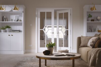 White Primed Reims (CLEAR BEVELLED GLASS) Rebated Pair - Solid Core  - LPD