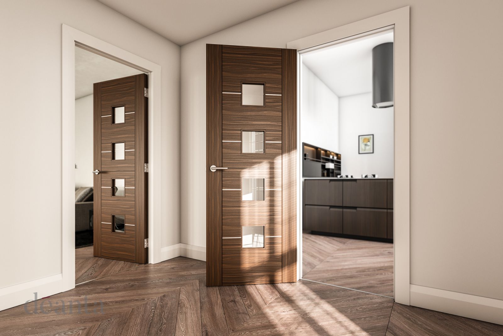 Internal Walnut Valencia (CLEAR GLASS) Aluminium Inlays Pre-Finished Door - Image 2