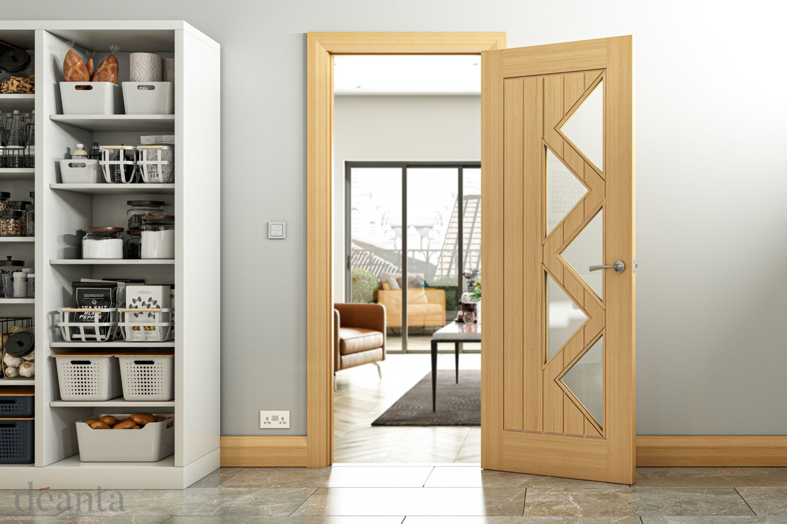 Internal Oak  Ely 5P (CLEAR GLASS) Pre-Finished Door - Image 2