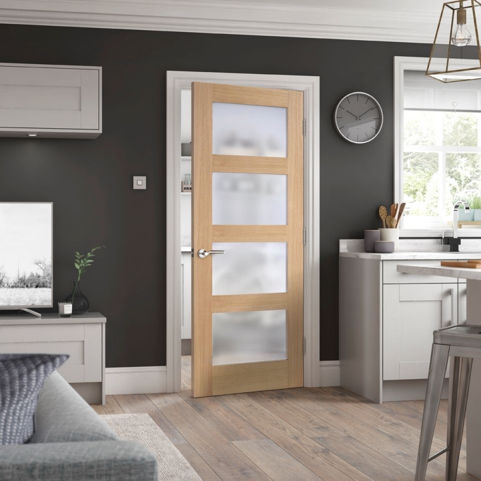 Internal Oak Shaker (OBSCURE GLASS) Un-Finished Solid Core Door - Image 2