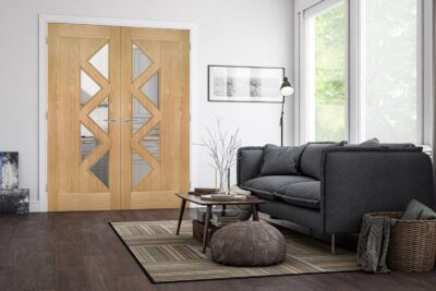 Internal Oak Ely 5P (CLEAR GLASS) Pre-Finished Door Pair
