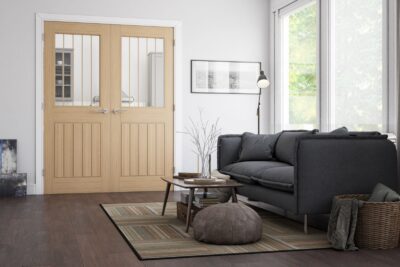 Internal Oak Ely Half Light (CLEAR GLASS ETCHED LINES) Pre-Finished Door Pair