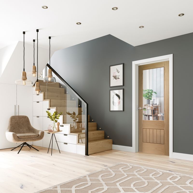 Internal Oak Suffolk Essential 2XG (CLEAR ETCHED GLASS) Un-Finished Door - Image 2