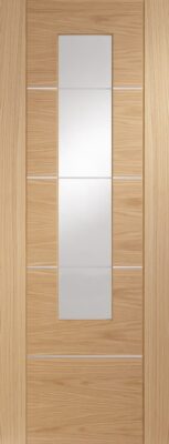 Internal Oak Portici (CLEAR GLASS ETCHED LINES) & Aluminium Inlay Pre-Finished Door